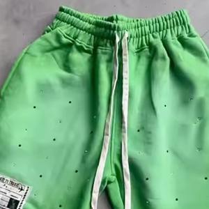 Custom Hoodie Sweat Pickling <b>Shorts</b> 100% Cotton French Terry Distress Patch Rhinestone <b>Long</b> String Sun Faded <b>Shorts</b> for <b>Men</b> - Product Image 4