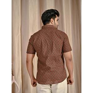 Camisa Casual de Manga Corta para Hombre, Color Marrón, Estampada, 100% Algodón, Tejido Transpirable de Popelina y Satén, Estilo Moderno para Verano - Product Image 6