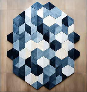 Ensemble de tapis indigo moderne touffeté à la main en forme de pentagone bloc trois D motif géométrique Design unique pour la décoration intérieure - Product Image 1