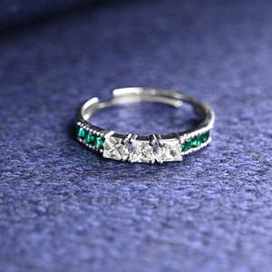 NOVAMART Fine 925 Sterling <b>Silver</b> <b>Adjustable</b> Vera Minimal Green <b>Ring</b> with Princess Cut Natural Diamond Rhodium Plated Stone Whol - Product Image 2