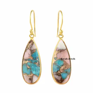 Best Selling Quality 925 Sterling Drop Shape 8*25mm Pink Opal Copper Turquoise Gemstone Silver Jewelry Supplier Dangle Earring