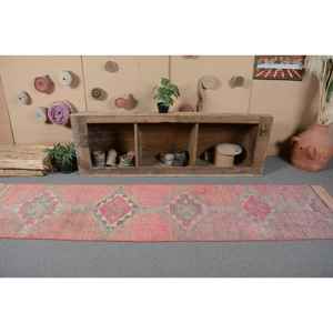 Alfombra de lana Vintage de 2,4x10 pies, rosa y Beige, hecha a mano, estilo bohemio, alfombras rectangulares de retazos turcos para respaldo de látex de cabecera - Product Image 4