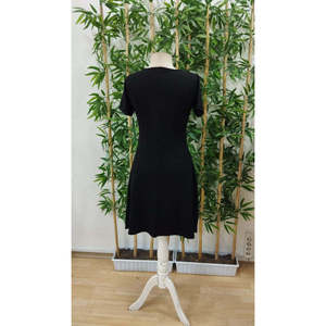 Women's Short-Sleeved V-Neck Button-Front Two-Tone <b>Viscose</b> <b>Dress</b>, 24899 - Black - Product Image 6