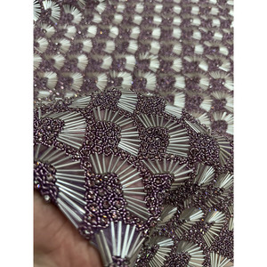 Amethyst Embroidered <b>Art</b> Deco <b>Beaded</b> Net & Lace Fabric - Product Image 3