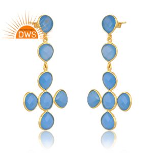 Meilleure vente Boucles d'oreilles pendantes en argent sterling plaqué or 18 carats en calcédoine bleue naturelle Demi Fine Jewelry Manufacturer - Product Image 2