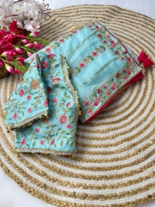 Ropa étnica atractiva, blusa de Sari de seda Teby suave pura con hilo de bordar y exportador de moda de mujer de trabajo de secuencia de 3 mm - Product Image 6