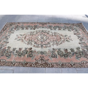 Vintage Rug 5.8x9.3 ft, <b>Brown</b> Pink Floral <b>Wool</b> Turkish Rug - Product Image 3