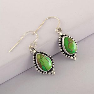 Pendientes de piedra turquesa verde estilo bohemio de Plata de Ley 925, bonito diseño de aro cortado en Pera, regalo para amantes - Product Image 2
