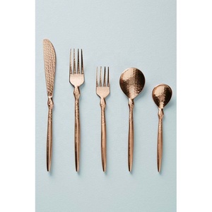 Rose Gold mirror polished new Full Hammered Design End Handle cutlery reusable flatware set Popular Western Knife Fork <b>Spoon</b> - Product Image 1
