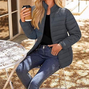 <b>Winter</b> <b>Women</b> Puffer Jacket <b>Padded</b> Quilted <b>Coat</b> Full Zipper Stand Collar Lightweight Warm Fashion Outerwear Dark Grey - Product Image 3