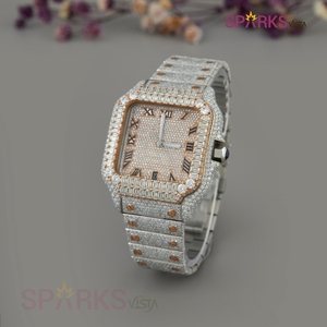 Montre mécanique de luxe en diamant pour hommes Chiffres romains Accents en or rose Cadran entièrement en diamant Écologique Édition limitée Mode - Product Image 4