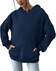 Women's Classic Style Casual Sweatshirt Fleece <b>Lined</b> V-Neck Oversized Hoodie with Front Logo Streetwear Long Length with Pocket - Product Image 6