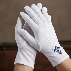 Gants en coton brodés maçonniques bleus avec motif carré et compas - [Blanc] Instructions d'entretien : Lavage à la main uniquement - Product Image 3