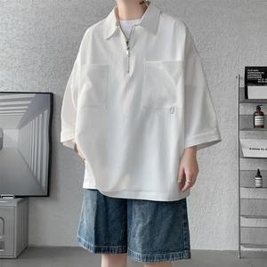 เสื้อยืดซิปคอธรรมดาเสื้อผ้าผู้ชายแขน3/4ลำลองฤดูร้อนสีพื้นสไตล์จีนขนาดใหญ่พอดีตัวแห้งเร็ว - Product Image 2