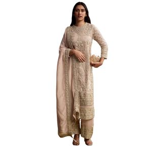 Traje de organza marfil Palazzo con bordado Moti y Zari, venta al por mayor, Ropa Étnica para mujer, fábrica de ropa OEM, proveedor a granel - Product Image 4