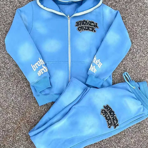 Top moda Unisex Sun Faded Wash cubierta de cara completa Zip up Puff impreso Sudadera con capucha Flare Bottom pantalones algodón Vintage chándales - Product Image 3