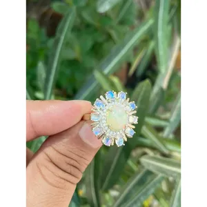 925 Silver Natural <b>Opal</b> Cluster <b>Ring</b> Dainty Geometric Design Oval Cut Stone Rhodium Fine for Everyday Wear Yellow <b>Gold</b> Oval - Product Image 2