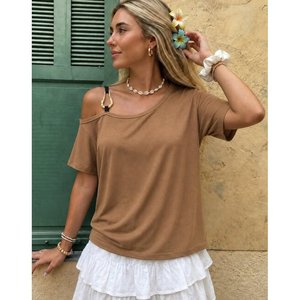 Women'<b>s</b> Short-Sleeved, One-Shoulder Viscose <b>Blouse</b> with Buckle Detail, 37896 - Coffee with Milk - Product Image 1