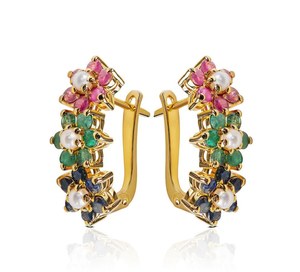 Boucles d'oreilles multi-pierres Ruby Sapphire Emerald Pearl Boucles d'oreilles multicolores en argent sterling 925 plaqué or 14K Bijoux - Product Image 6