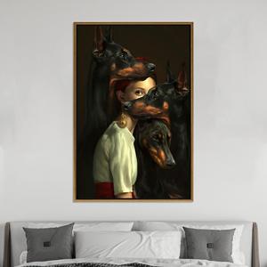 Impresión en lienzo de mujer gótica con dobermans: arte de retrato femenino oscuro, lienzo con marco dorado - Product Image 1