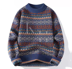 Suéter de ganchillo de otoño Retro para hombre, diseño transpirable con rayas gruesas, cuello redondo, logotipo frontal de punto bloqueado de Color para invierno - Product Image 2