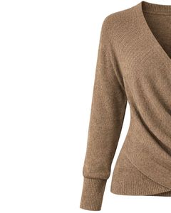 Women <b>Brown</b> Wrap Style Knit Sweater Long Sleeve V Neck Soft Casual Winter Top Elegant <b>Ladies</b> Fashion Pullover For Daily Wear - Product Image 3