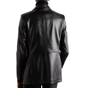 Genuine <b>Leather</b> Single Breasted Dress Coat Long Sleeve <b>Blazer</b> British Style Casual Formal Office Slim Fit Men Lining Notch Lapel - Product Image 2