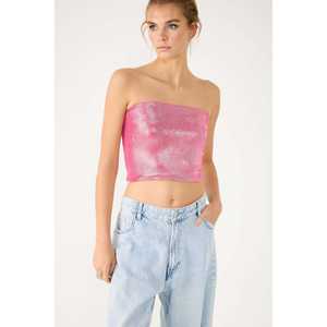 <b>Shiny</b> Fabric Strapless Crop <b>Top</b> - Product Image 3