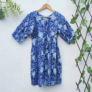 Vestido Midi lavable de algodón indio puro para mujer hasta la rodilla de manga larga diseño estampado Floral ecológico hecho a mano al aire libre - Product Image 4