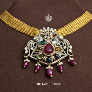 Big Navratna Peacock Pendant with <b>Ruby</b> Bezel Setting Inlay Technology - Product Image 4