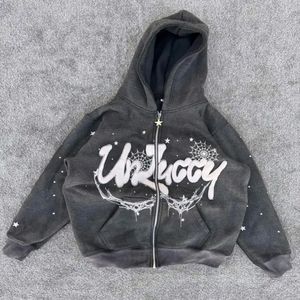 Ensemble pantalon de survêtement et sweat à capuche zippés surdimensionnés lavés à l'acide en détresse personnalisés sérigraphie recadrée Streetwear - Product Image 3