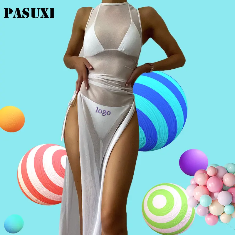 PASUXI Personalizado Verão Praia Maiô Mulheres Sexy Mini Biquíni Conjunto Com Malha Saia Swimsuit Halter Três Peças Swimwear