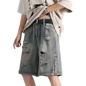 กางเกงยีนส์ขาสั้นวินเทจผู้ชาย สไตล์ไฮสตรีท ขาดๆ แบบดิสเทรส ผ้าฝ้าย 100% ทรงหลวมสบาย ไซส์ใหญ่ ระบายอากาศ แห้งเร็ว กันลม - Product Image 6