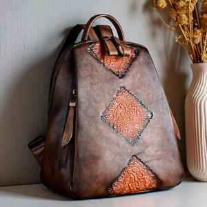 Hand Tooled 100% Genuine Leather External Frame Backpack Western Florals Carving <b>Waterproof</b> Anti-Theft Travel Luxury Rucksack - Product Image 3