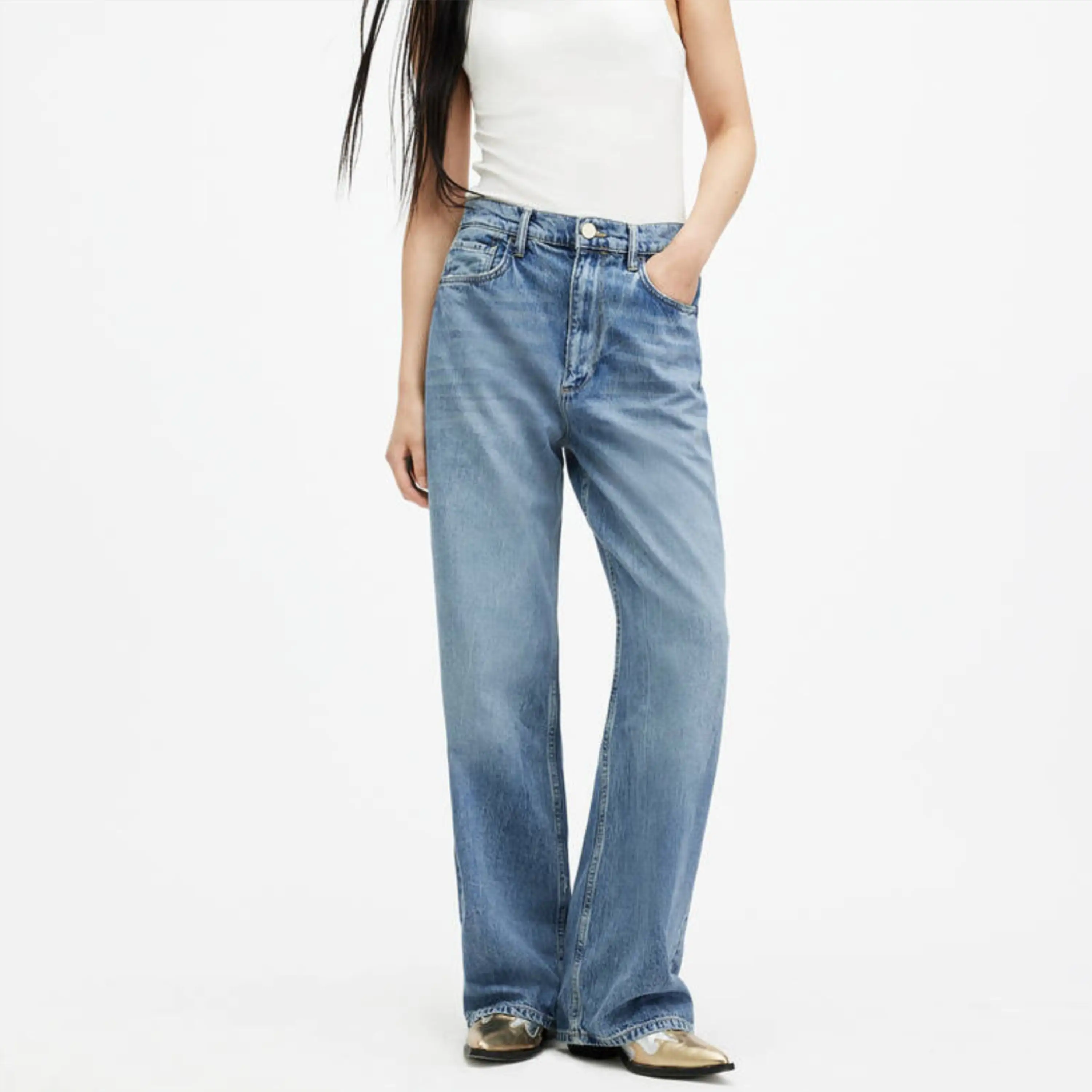 Vrouwen Denim Broek Custom Logo Hoge Kwaliteit 100% Katoen Gewassen Rechte Loszittende Wijde Pijpen Hoge Taille Plus Size Dames Jeans
