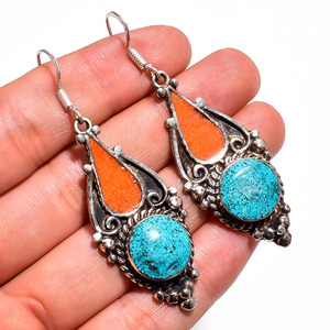 Pendiente de piedras preciosas de lapislázuli Coral turquesa natural, joyería de plata tibetana hecha a mano, proveedor de joyería de boda, joyería fina - Product Image 1