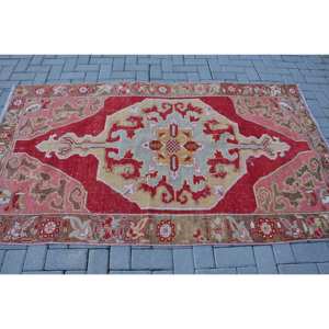 Alfombra de área grande turca Vintage, clásica, roja, Beige, 4x7,2 pies, respaldo de látex de lana, patrón abstracto para pasillo de adolescentes, Alfombra de habitación modelo - Product Image 3