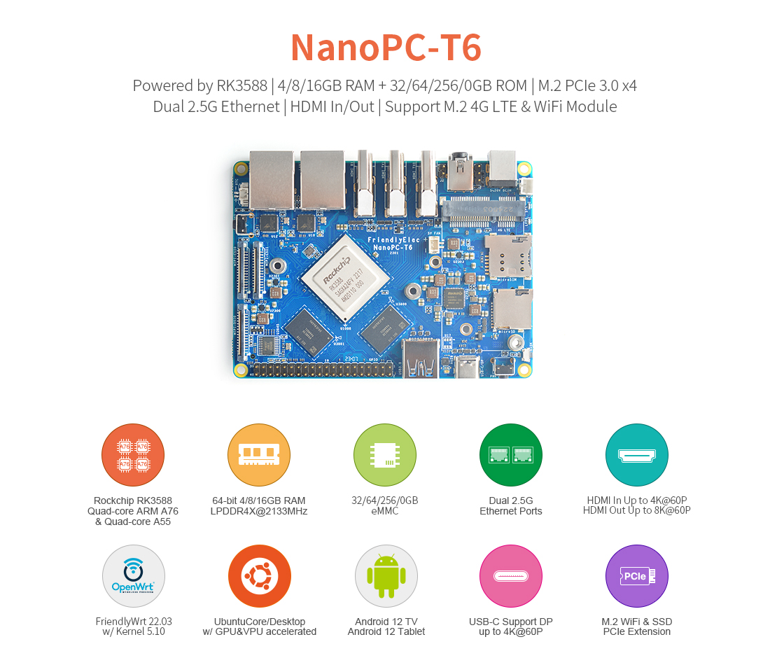 NanoPC-T6 Development Board by FriendlyElec – 4GB/8GB/16GB, Dual