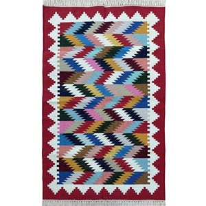 Tapis géométrique en coton indien moderne, tissage plat de teinture végétale naturelle fait à la main - Product Image 1