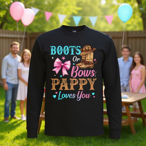 Maglietta a maniche lunghe con stampa 'Boots or Bows Pappy Loves You Family' per Gender Reveal, abbigliamento promozionale - Product Image 3