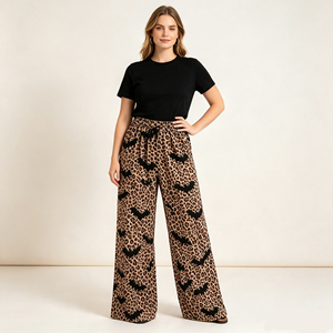 Pantalon droit pour femme, imprimé château fantôme léopard rose, en spandex/polyester écologique, taille élastique avec cordon de serrage, pour Halloween - Product Image 2