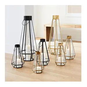 Glass Geometric Candle Holder Home Decorative Lantern Gold & Black Color Handmade Glass T Light Holder Garden hanging Lanterns