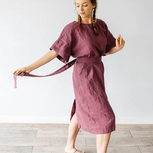 Dernière robe à demi-manches en lin à col en V profond pour femmes, motif solide, longueur midi, vêtements d'été, ceinture, coupe ample, robe tunique à col en V profond - Product Image 1