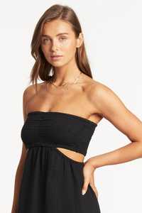 Robe longue noire d'été à épaules dénudées pour femmes Robe longue sans bretelles en gaze de coton pour la plage Robe longue smockée au sol - Product Image 5