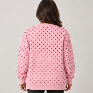 Women's Blush <b>Pink</b> Crewneck <b>Sweatshirt</b> with Dark Rose Allover Polka Dots Long Sleeve Trackstar OEM Private Label - Product Image 2