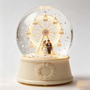 Globe à neige de mariage en forme de grande roue avec lumière LED, figurines mariés, flocons de neige argentés, confettis, couronne de laurier, en résine peinte à la main - Product Image 4