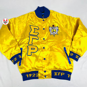 Sigma Gamma Rho SGRho Satin Bomber Jacket Sorority Greek Letters Blue Gold Satin Jacket - Product Image 3