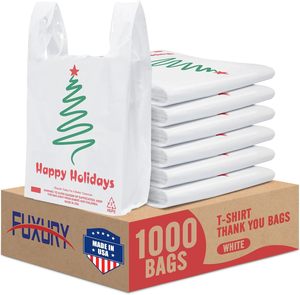 Sacs en plastique Fuxury Happy Holiday Christmas Tree avec poignées, 1000/sac, 11,5x6,5x21 pouces, sacs d'épicerie, sacs à emporter, sacs de shopping - Product Image 1