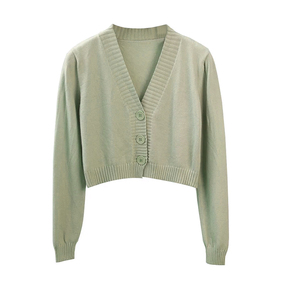 New Women's Korean Style <b>Short</b> <b>Sleeve</b> V Neck Sweater Green Blue Casual Knitted <b>Crop</b> <b>Cardigan</b> Top Button Thin Front - Product Image 6