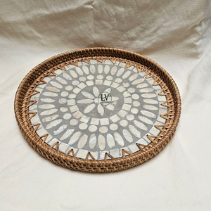 Produits les plus vendus Plateau en rotin avec incrustation de nacre Base en bois Plateau de service pour le petit déjeuner Vente en gros du Vietnam - Product Image 1